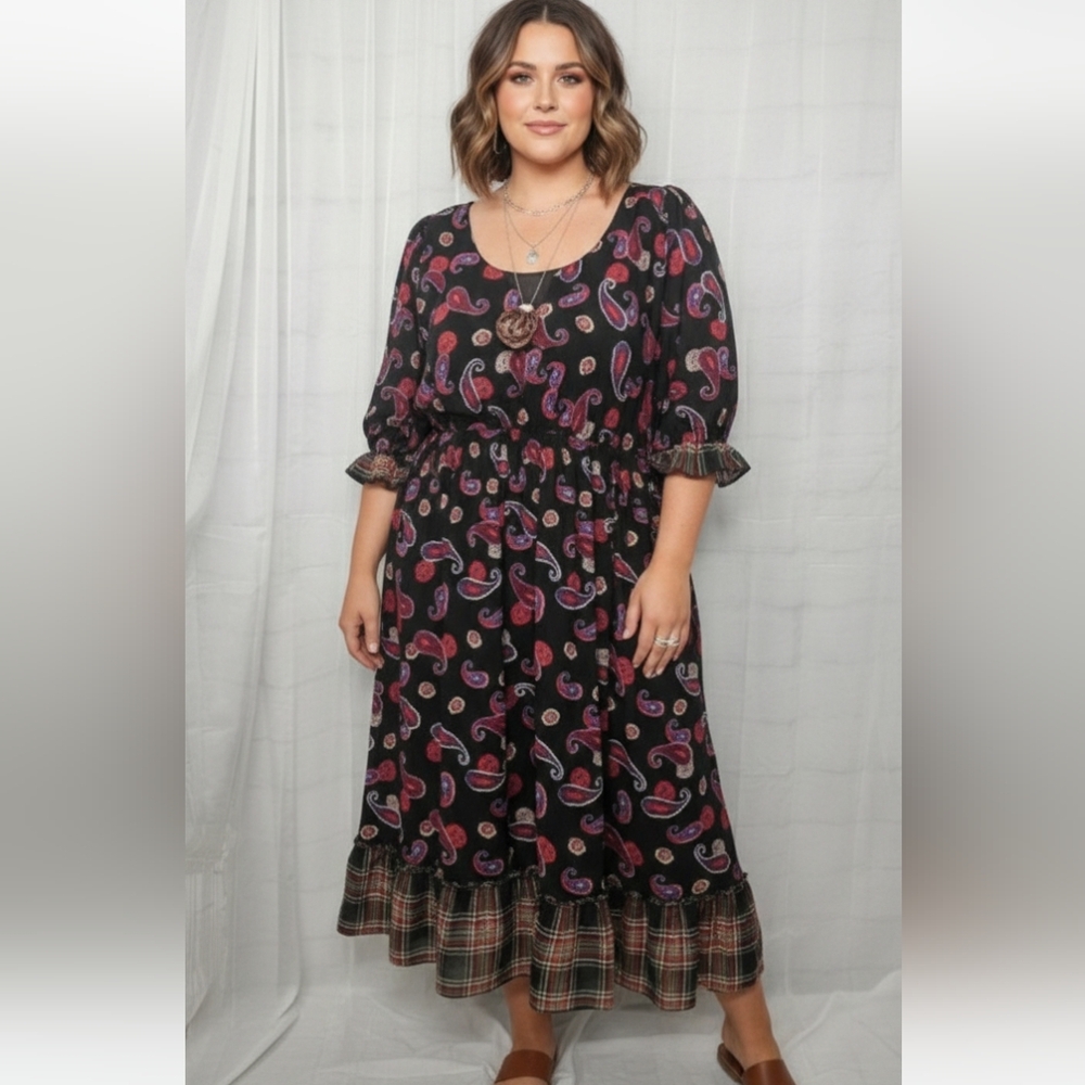 Denim 24/7 Dress Paisley Plaid Whimsigoth Peasant Cottage Maxi Black Red 36W